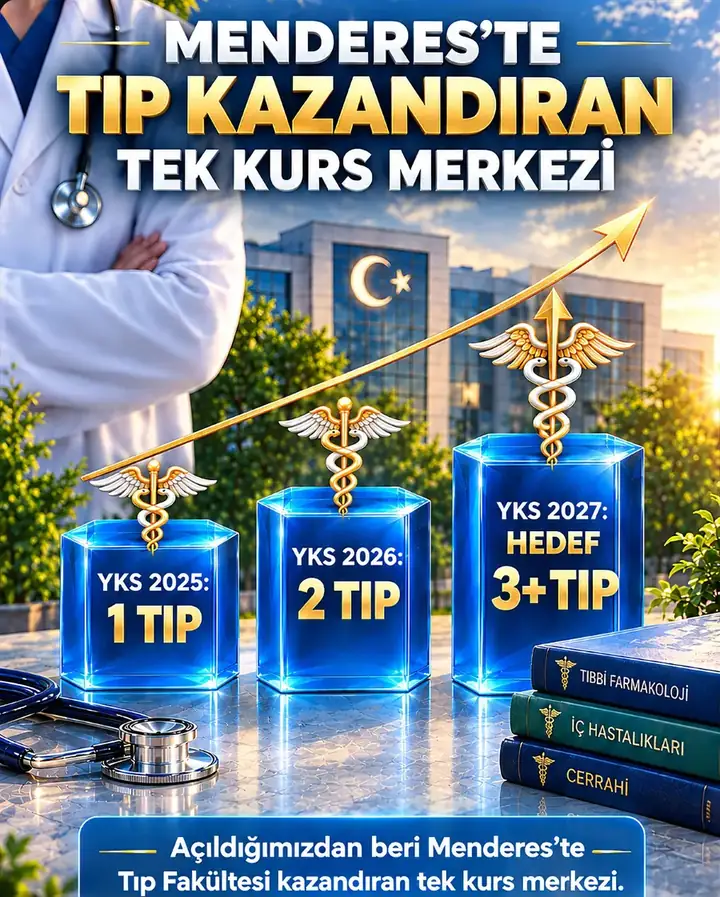 Menderes'te tıp kazandıran tek kurs merkezi. YKS 2025: 1 tıp, YKS 2026: 2 tıp, YKS 2027 hedef: 3+ tıp.